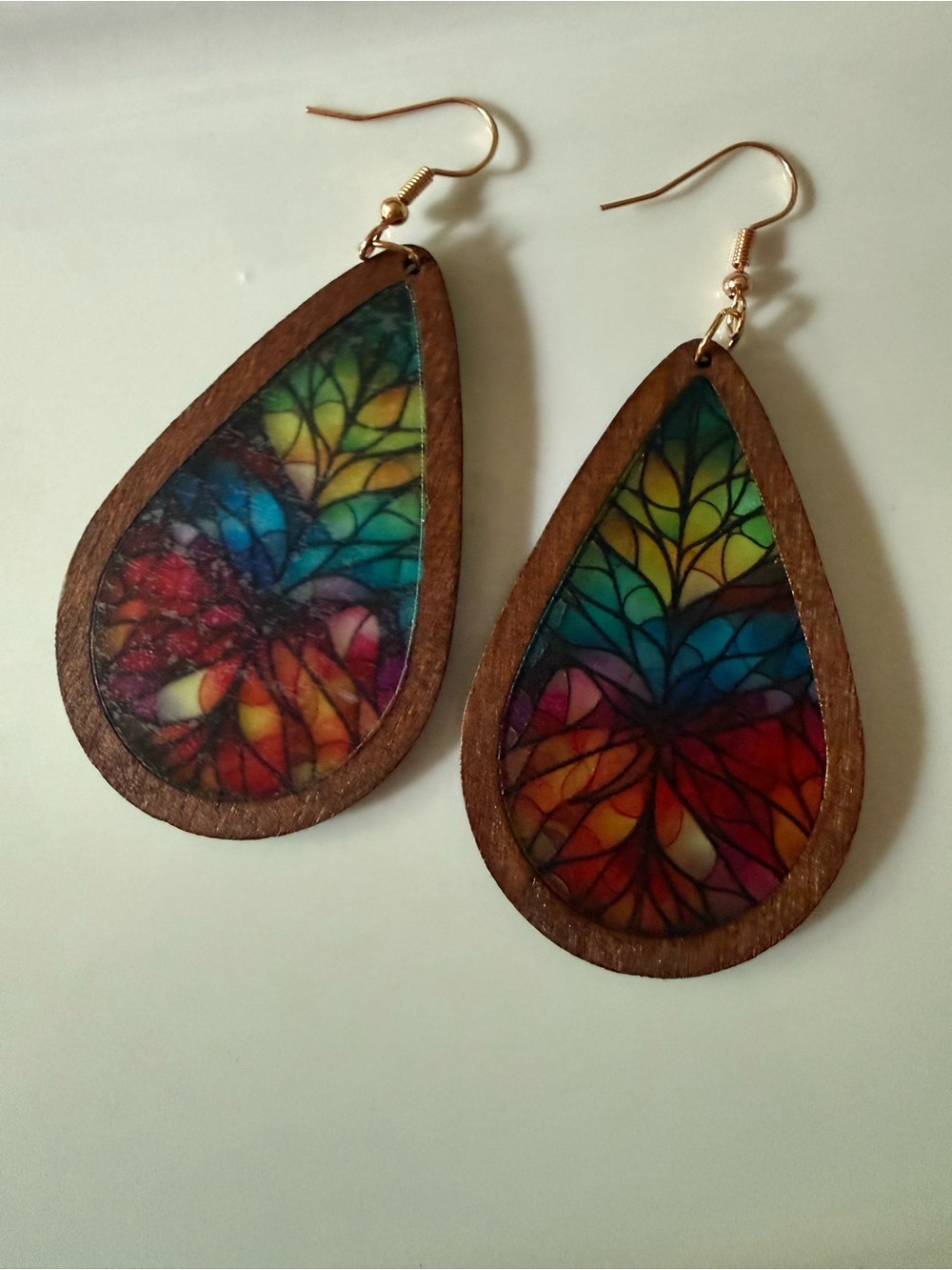 Wood Teardrop Earrings with Multicolor Stained-Glass Design